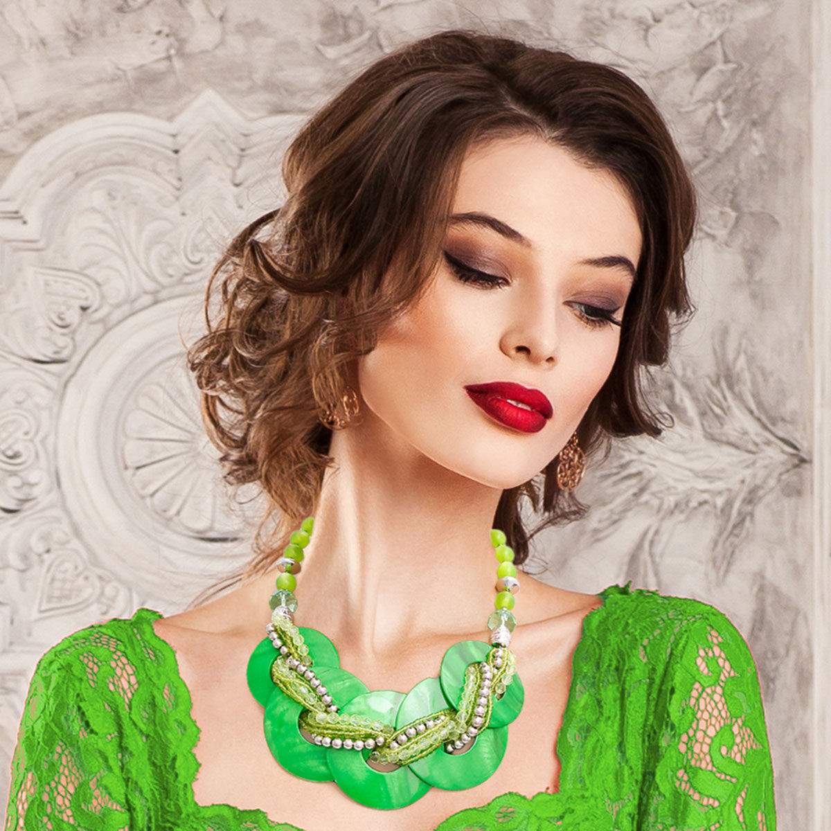 Green Shell Disc Beaded Necklace Set