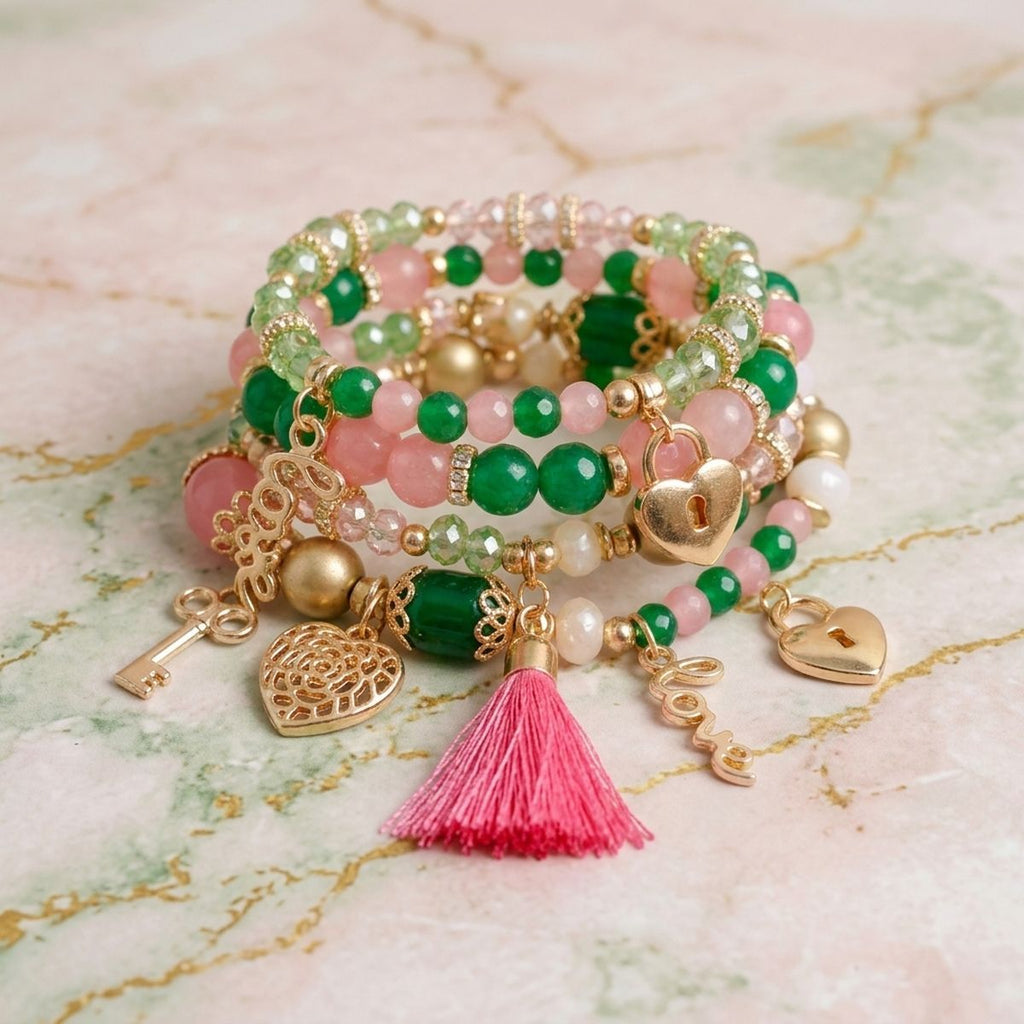 Pink Green Glass Love AKA Bracelets|Stretch to Fit