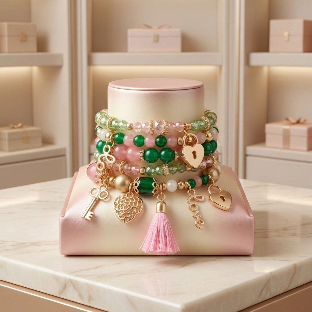 Pink Green Glass Love AKA Bracelets|Stretch to Fit