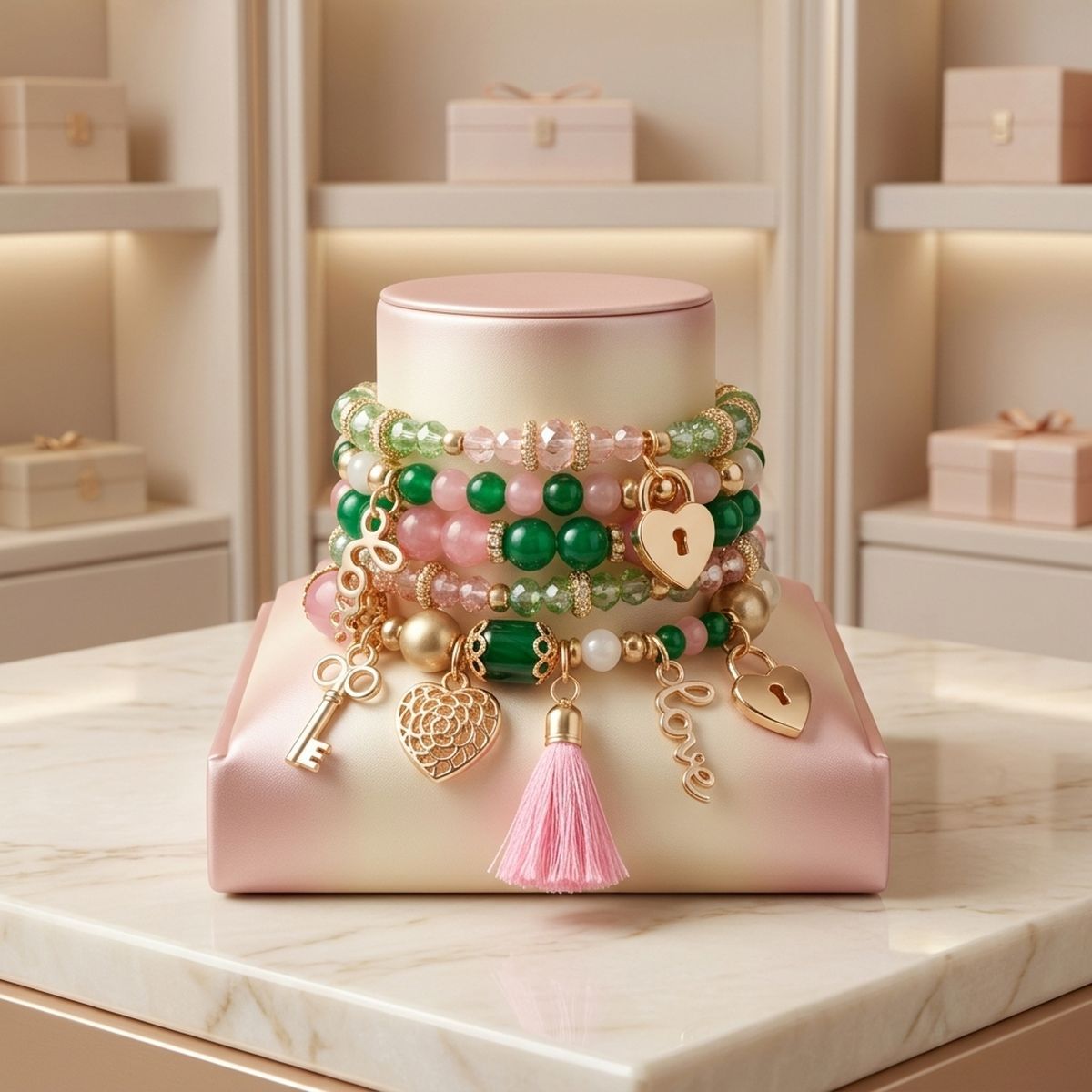 Pink Green Glass Love AKA Bracelets|Stretch to Fit