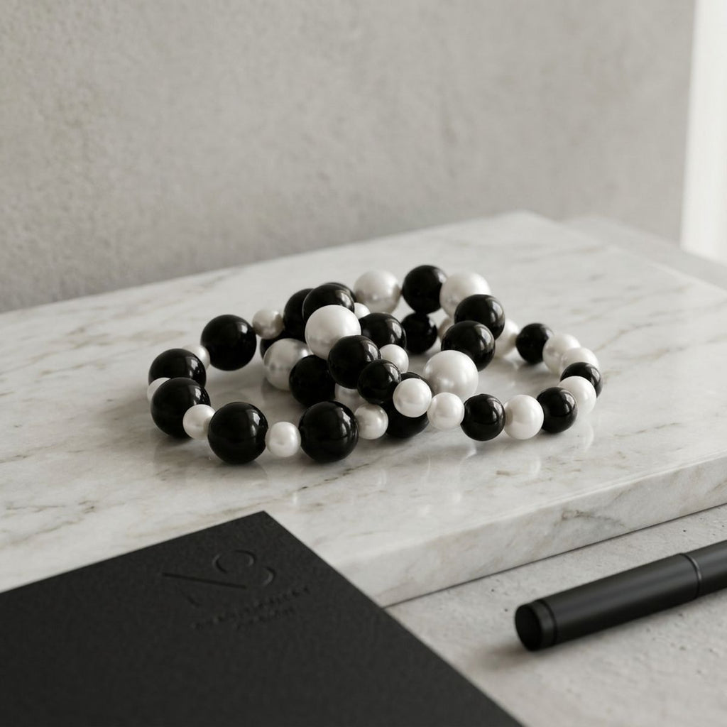 Black Bead White Pearl Bracelet Stretch 3 Strand