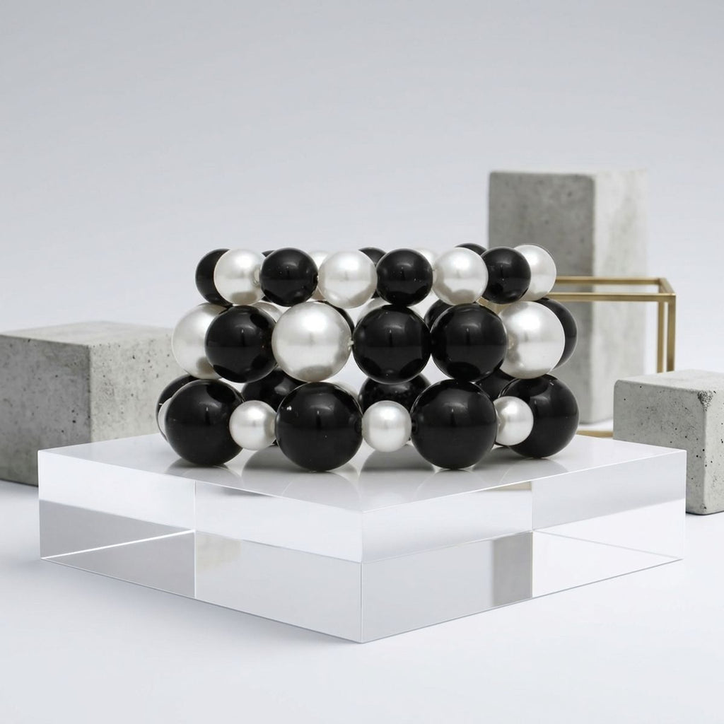 Black Bead White Pearl Bracelet Stretch 3 Strand