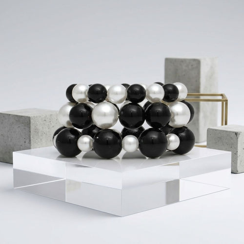 Black Bead White Pearl Bracelet Stretch 3 Strand