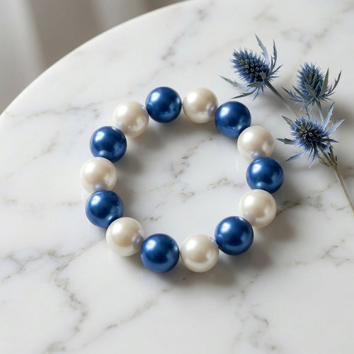Blue and White Pearl 15mm Stretch Bracelet ZPB
