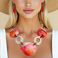 Necklace Red White Marbled Acrylic Link Collar Set