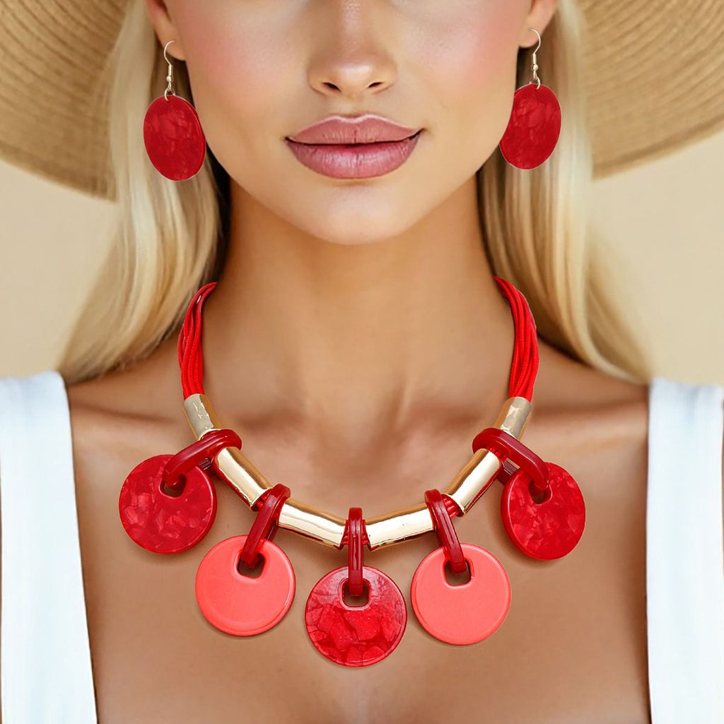 Collar Marbled Red Disc Leather Cord Necklace