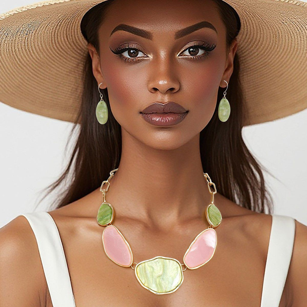 Collar Pink Green Agate Marbled Necklace