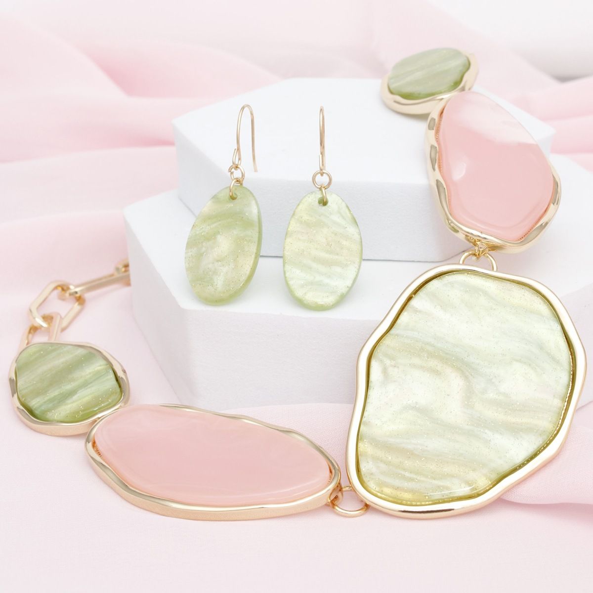 Collar Pink Green Agate Marbled Necklace