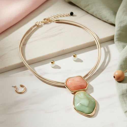 AKA Pink Green Dimensional Leather Necklace