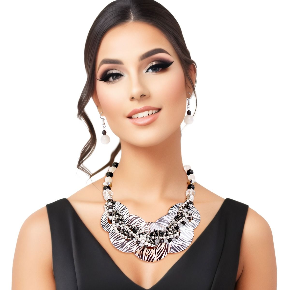 Zebra Print Shell Disc Beaded Necklace