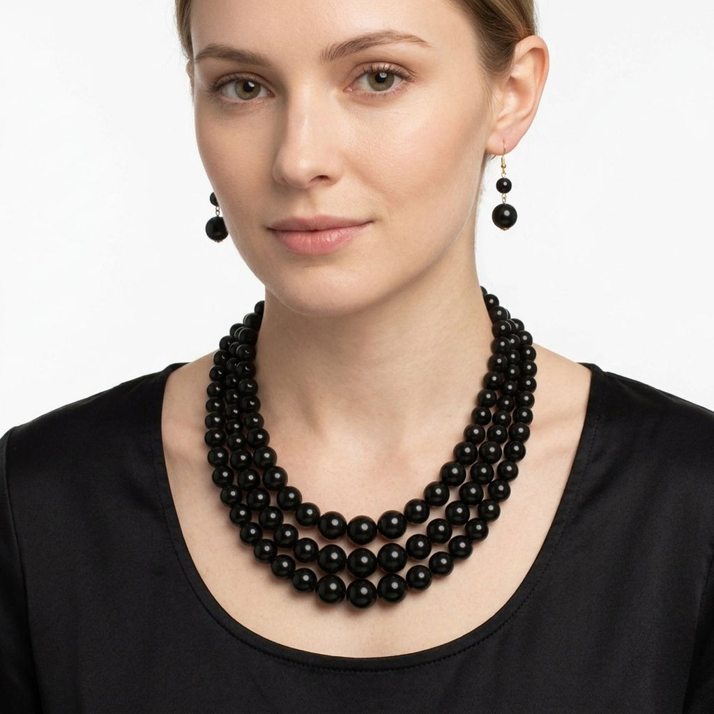 Jet Black Ball Bead Necklace Layered 3 Strand