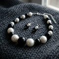 Black Bead White Pearl Chunky Graduated Necklace