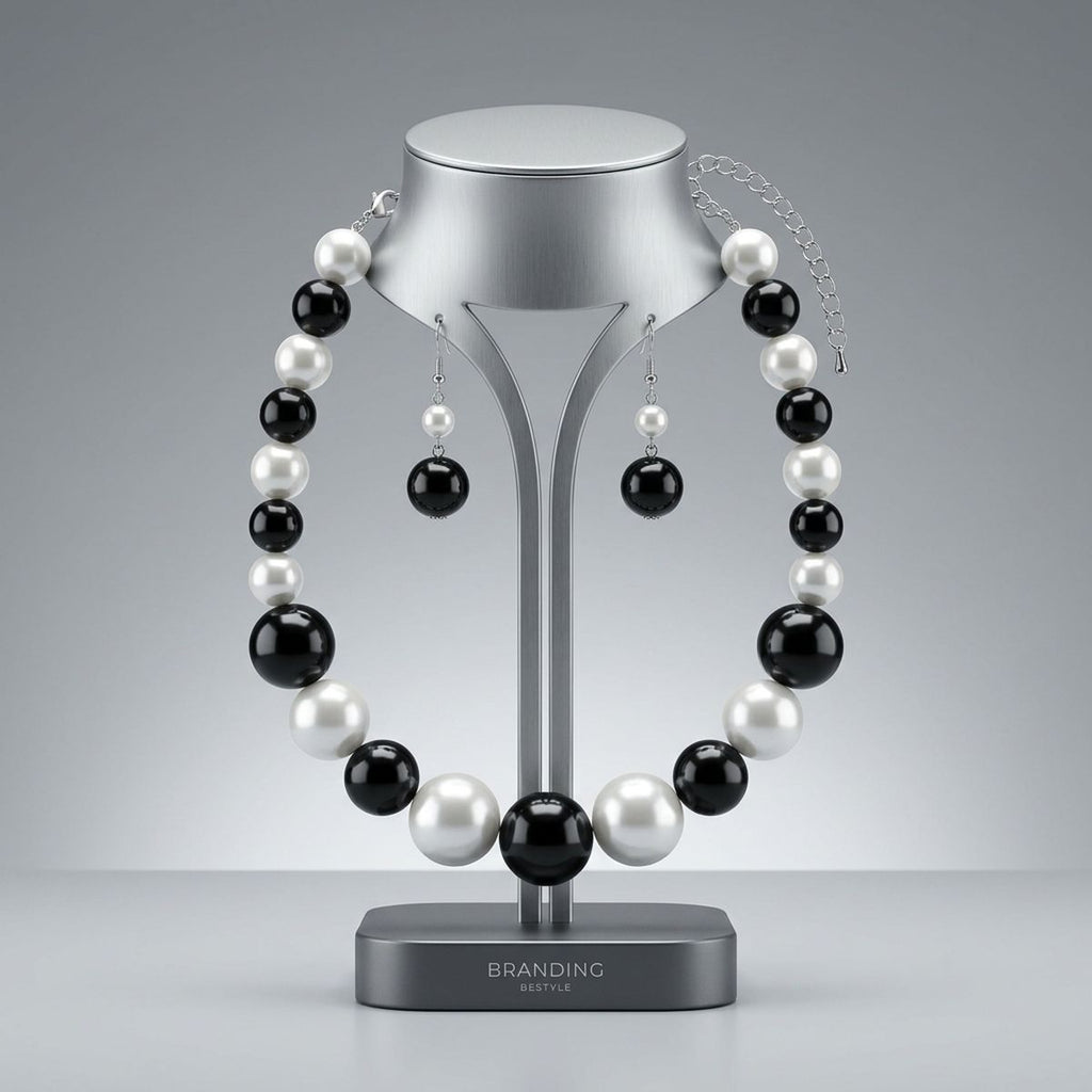 Black Bead White Pearl Chunky Graduated Necklace