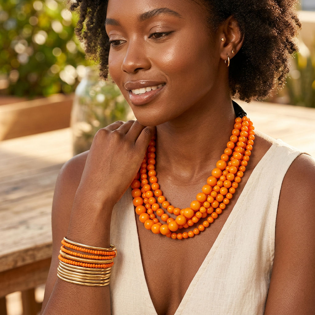 Orange Bead Buffalo Horn Hook Necklace