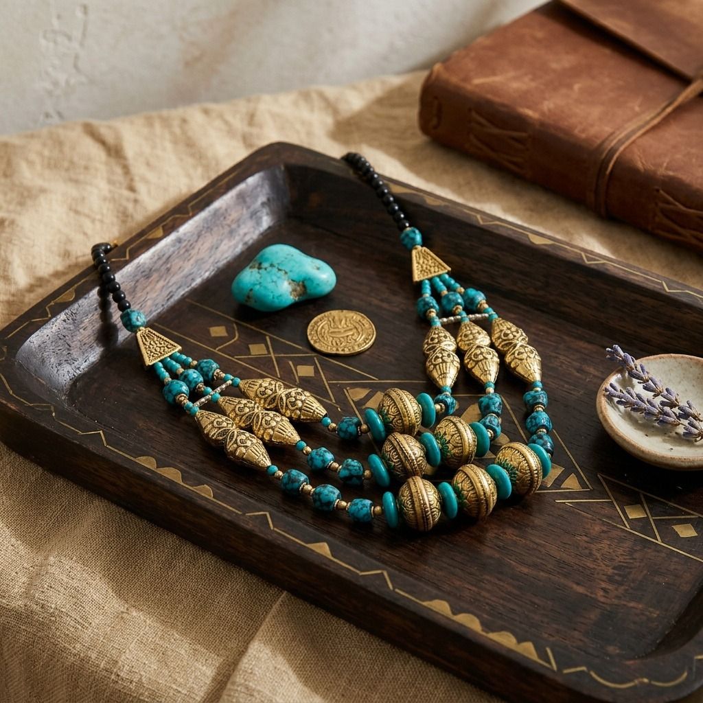 Teal Stone Engraved Gold Necklace