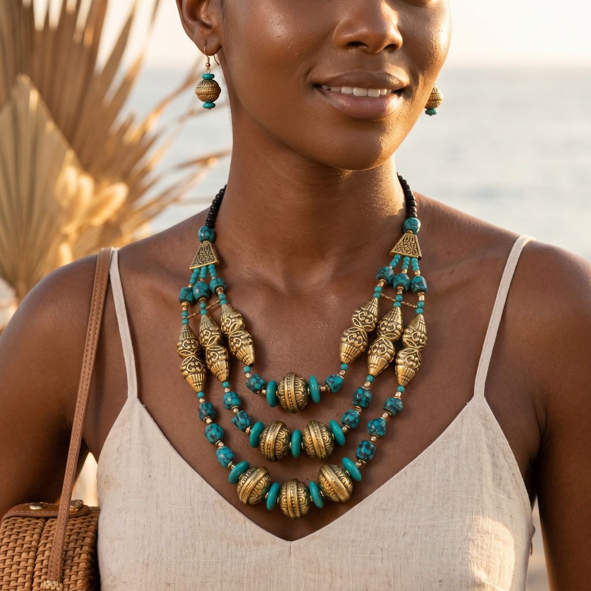 Teal Stone Engraved Gold Necklace