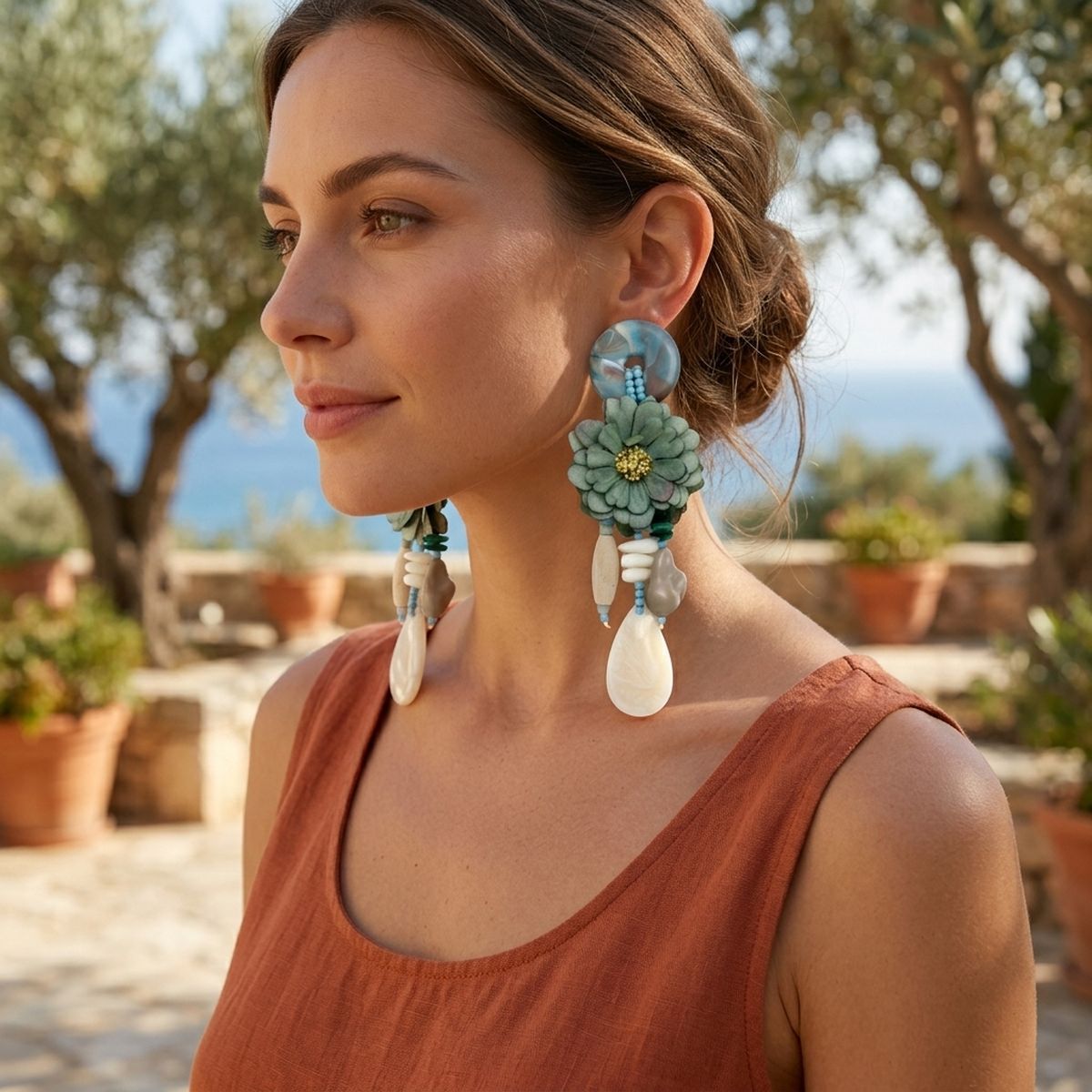 Green Oversized Natural Floral Drop Earrings