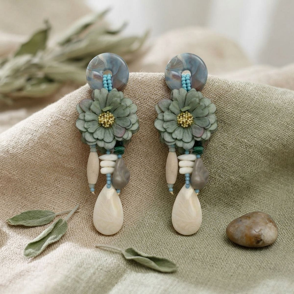 Green Oversized Natural Floral Drop Earrings