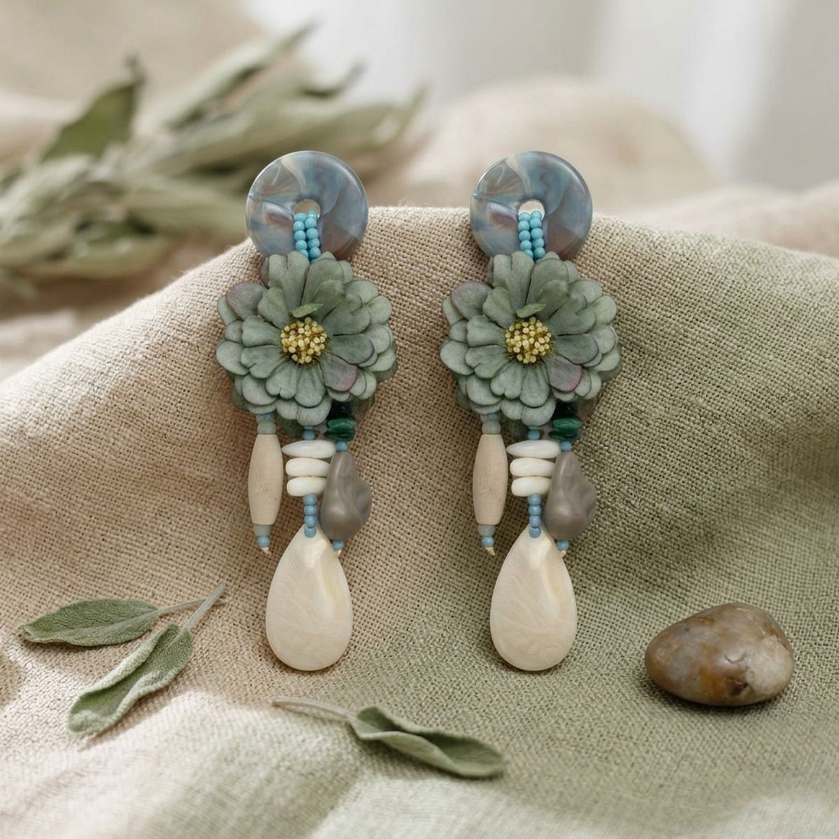 Green Oversized Natural Floral Drop Earrings