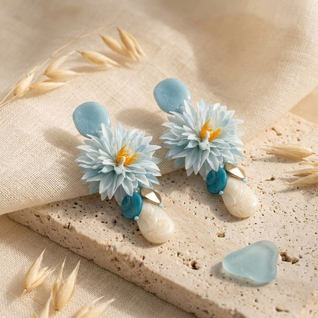 Turquoise Oversized Tropical Flower Drop Earrings
