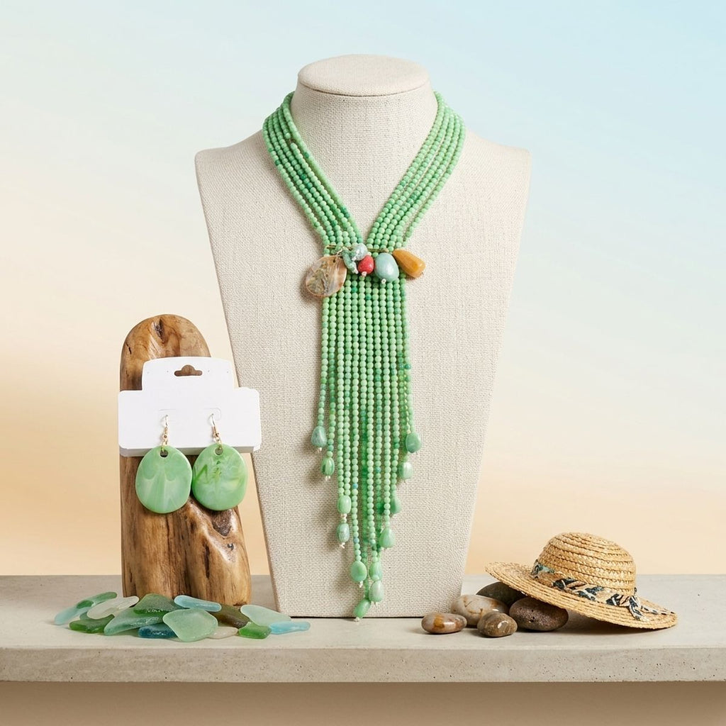 Marbled Green and Stone Bead Tassel Y Necklace