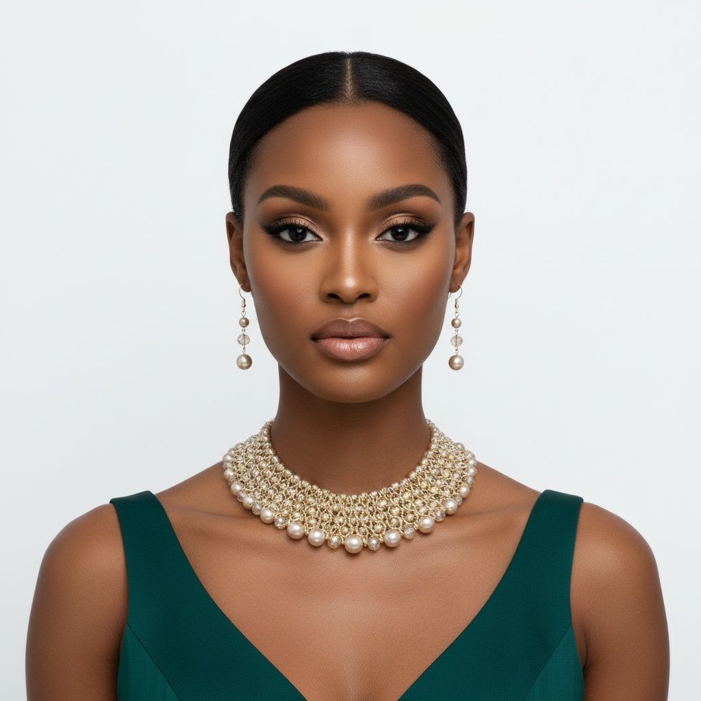 Brown Pearl Glass Bead Woven Collar Bib Necklace