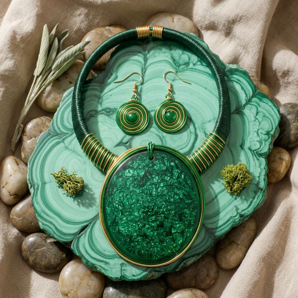 Bright Bold Green Resin Disc Wire Wrapped Necklace