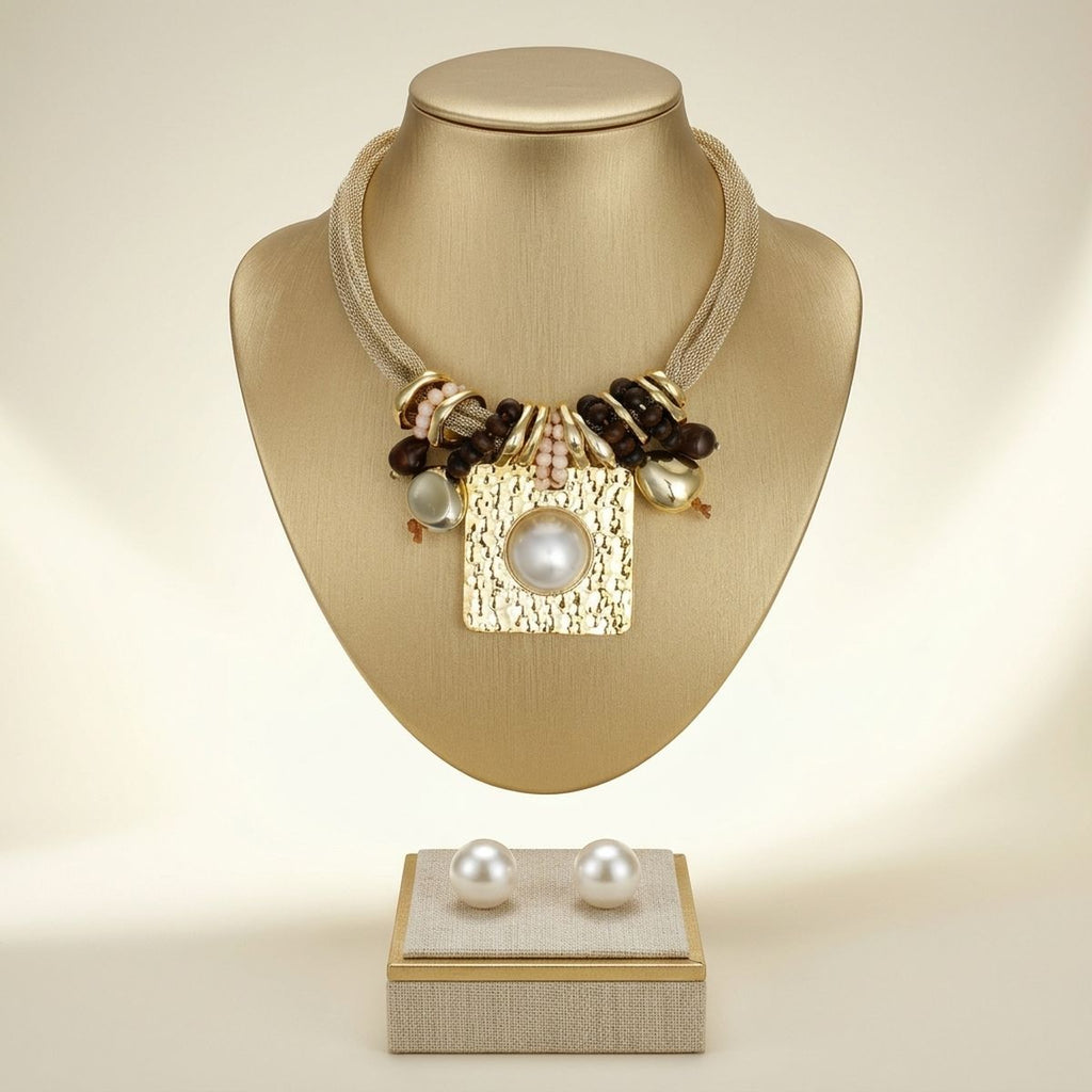 Square Pendant Gold Mesh Chain Wood Necklace