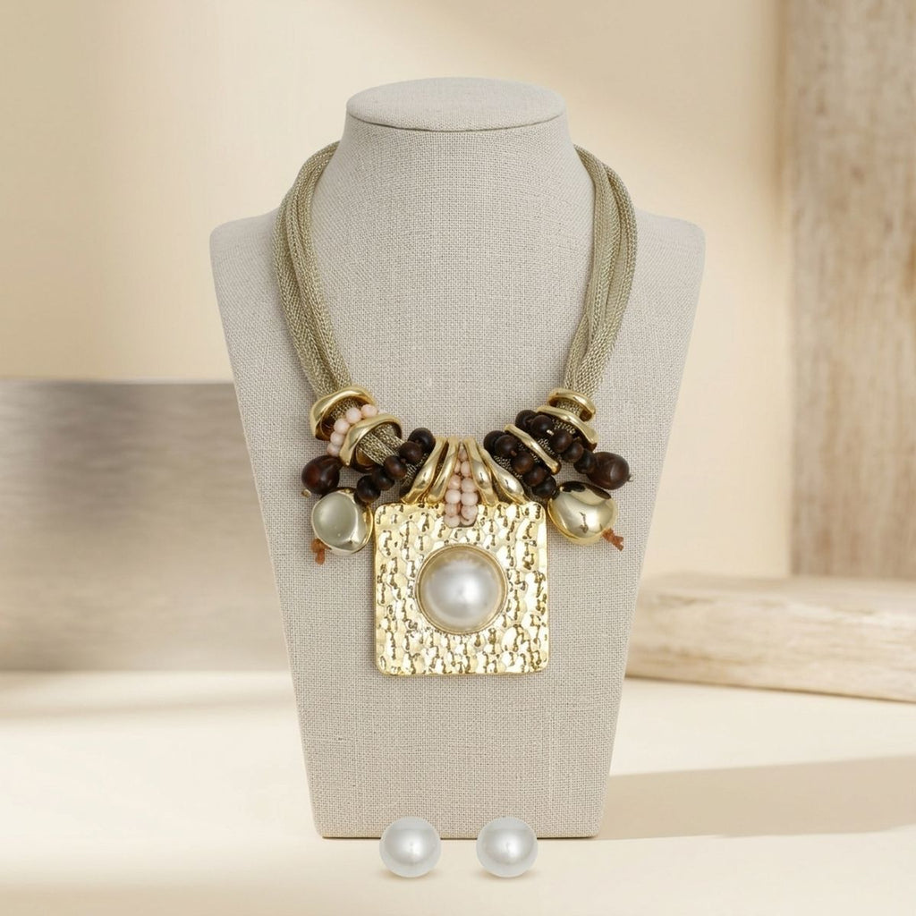 Square Pendant Gold Mesh Chain Wood Necklace