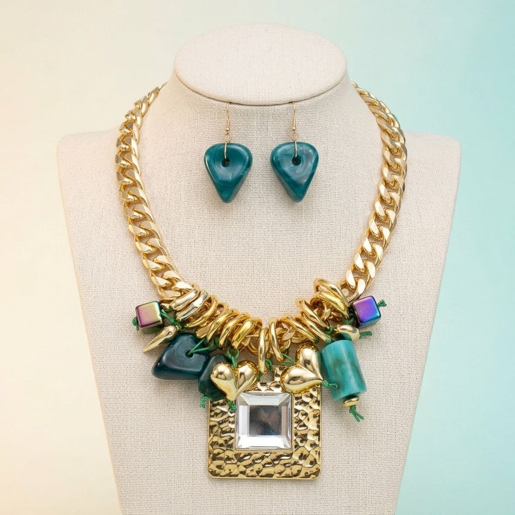 Square Pendant Gold DC Chain Turquoise Necklace