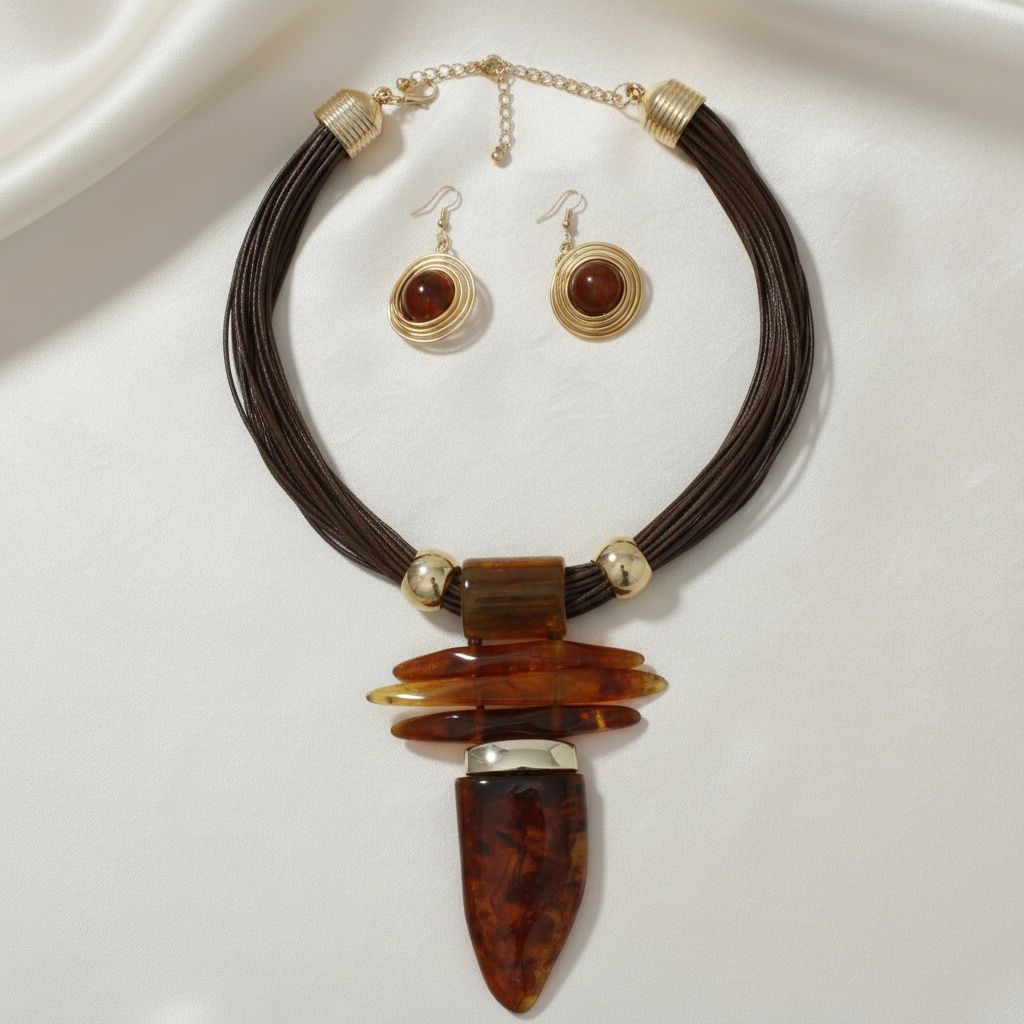Caramel Brown Marbled Horn Pendant Cord Necklace