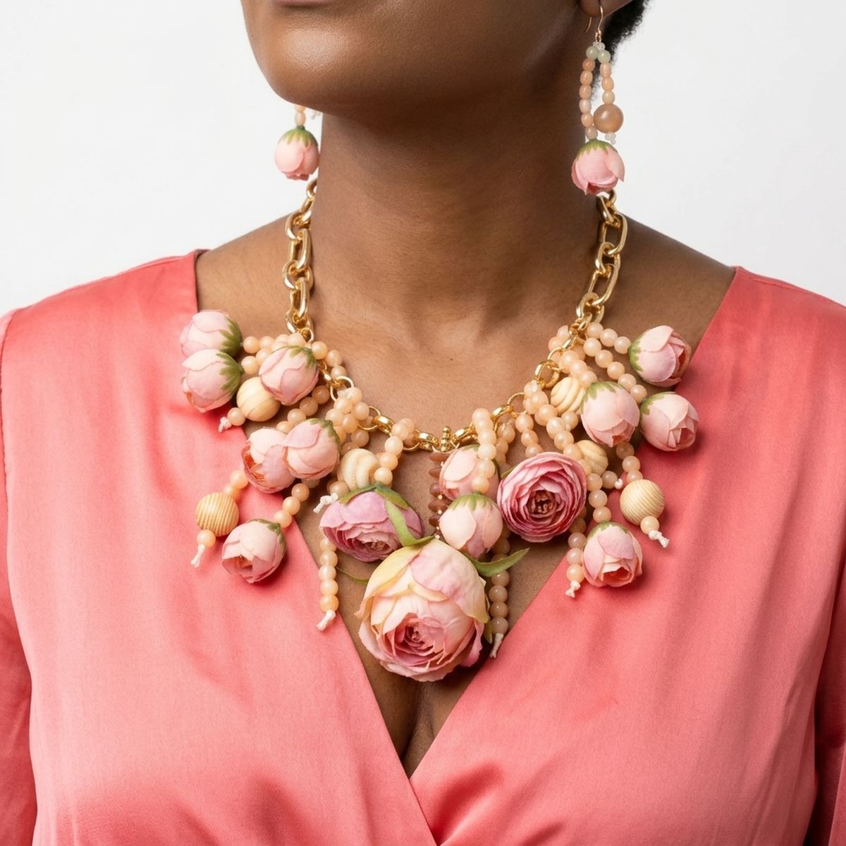 Pink Floral Garden Fringe Statement Necklace