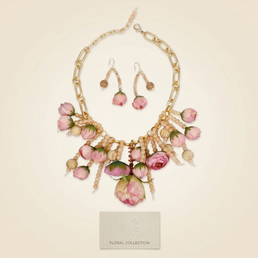 Pink Floral Garden Fringe Statement Necklace