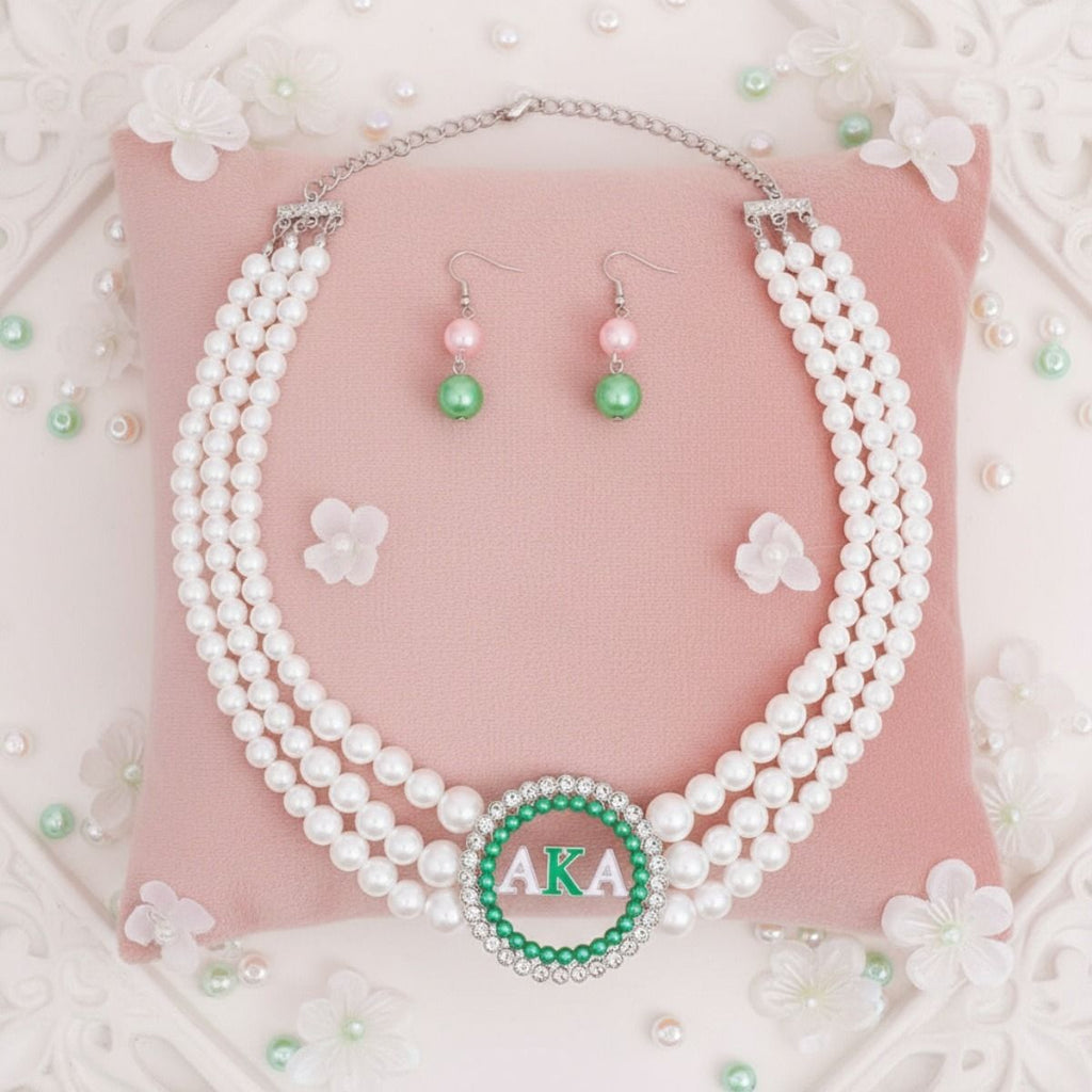 AKA Pearl Necklace Pink Green AKA Set