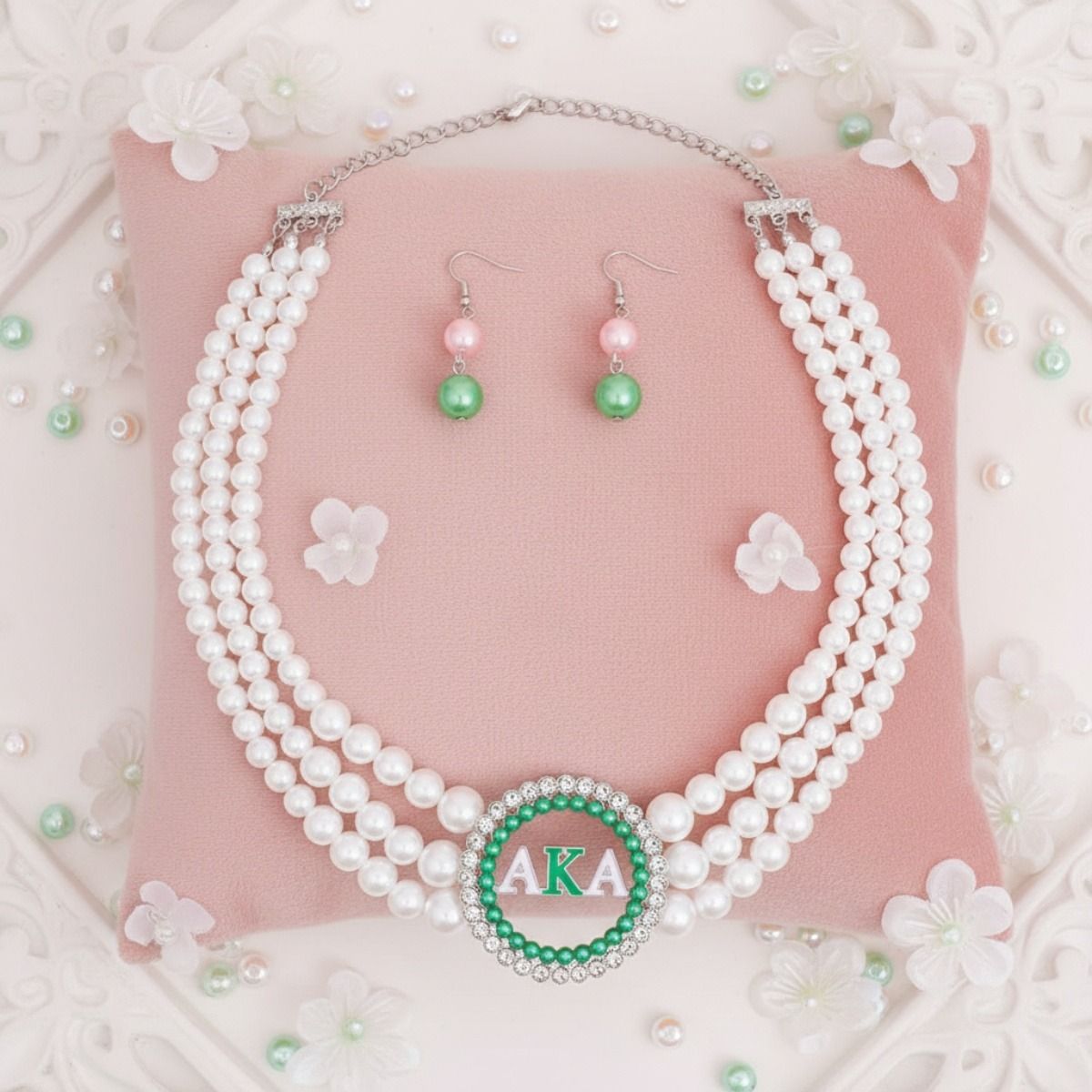 AKA Pearl Necklace Pink Green AKA Set