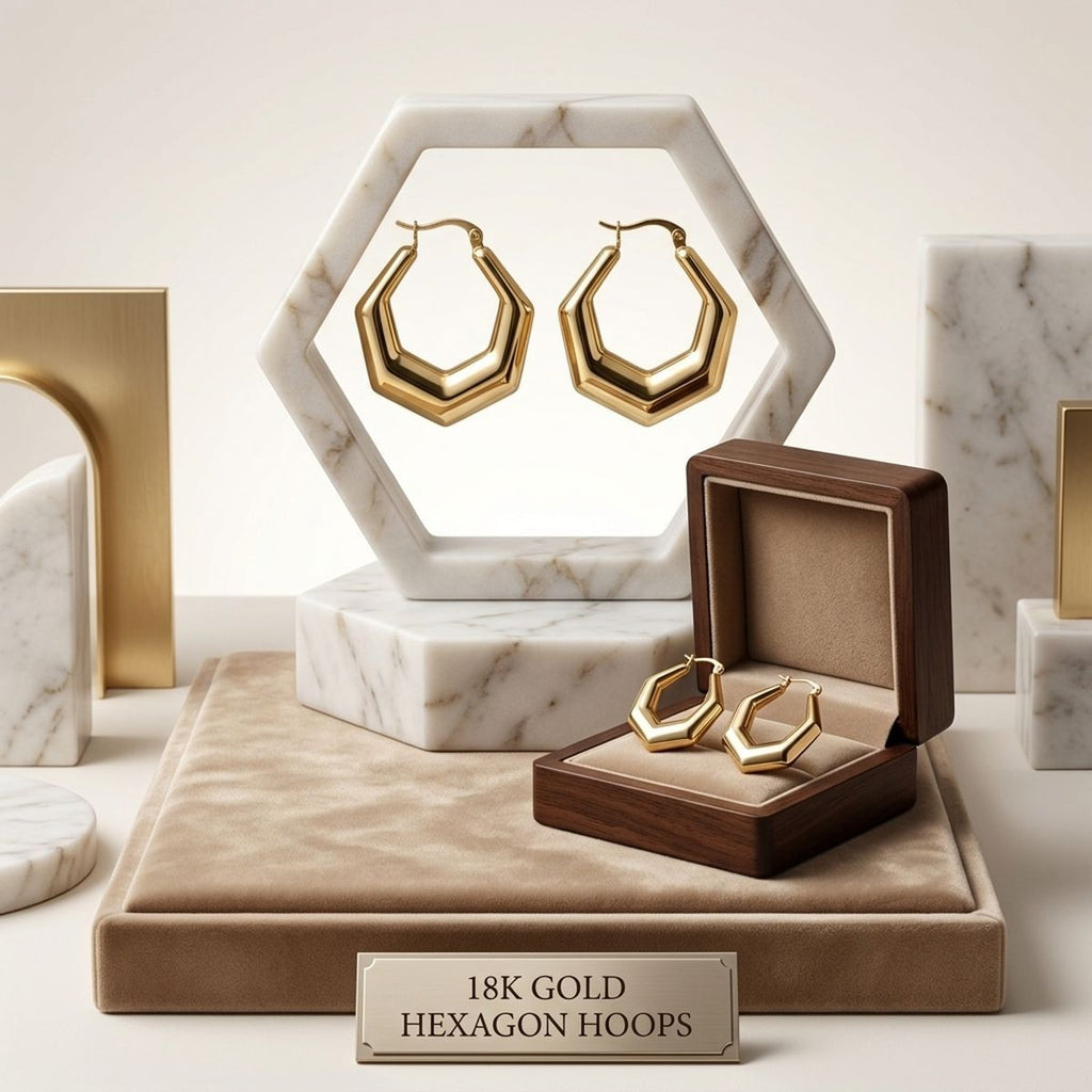 Hoop 18K Gold Stainless Steel Hexagon Earrings