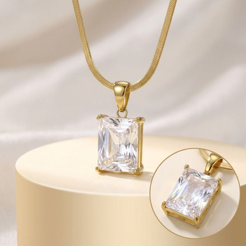 18k Gold Steel Radiant Cut CZ Pendant Necklace