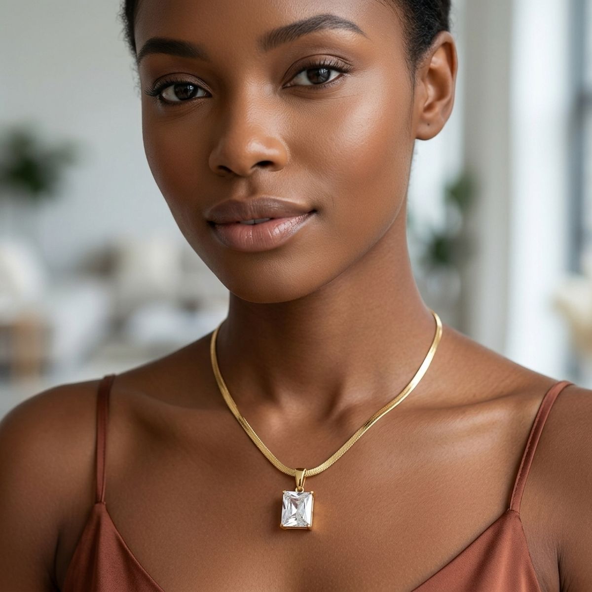 18k Gold Steel Radiant Cut CZ Pendant Necklace