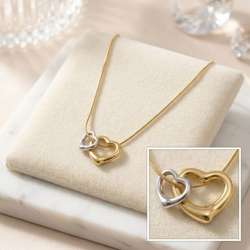 18k Gold Steel Double Heart Pendant Necklace