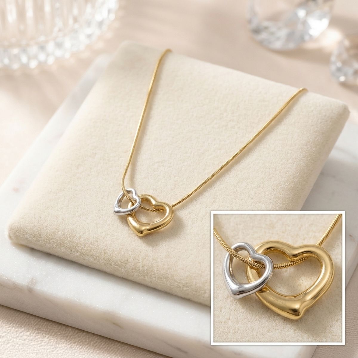 18k Gold Steel Double Heart Pendant Necklace