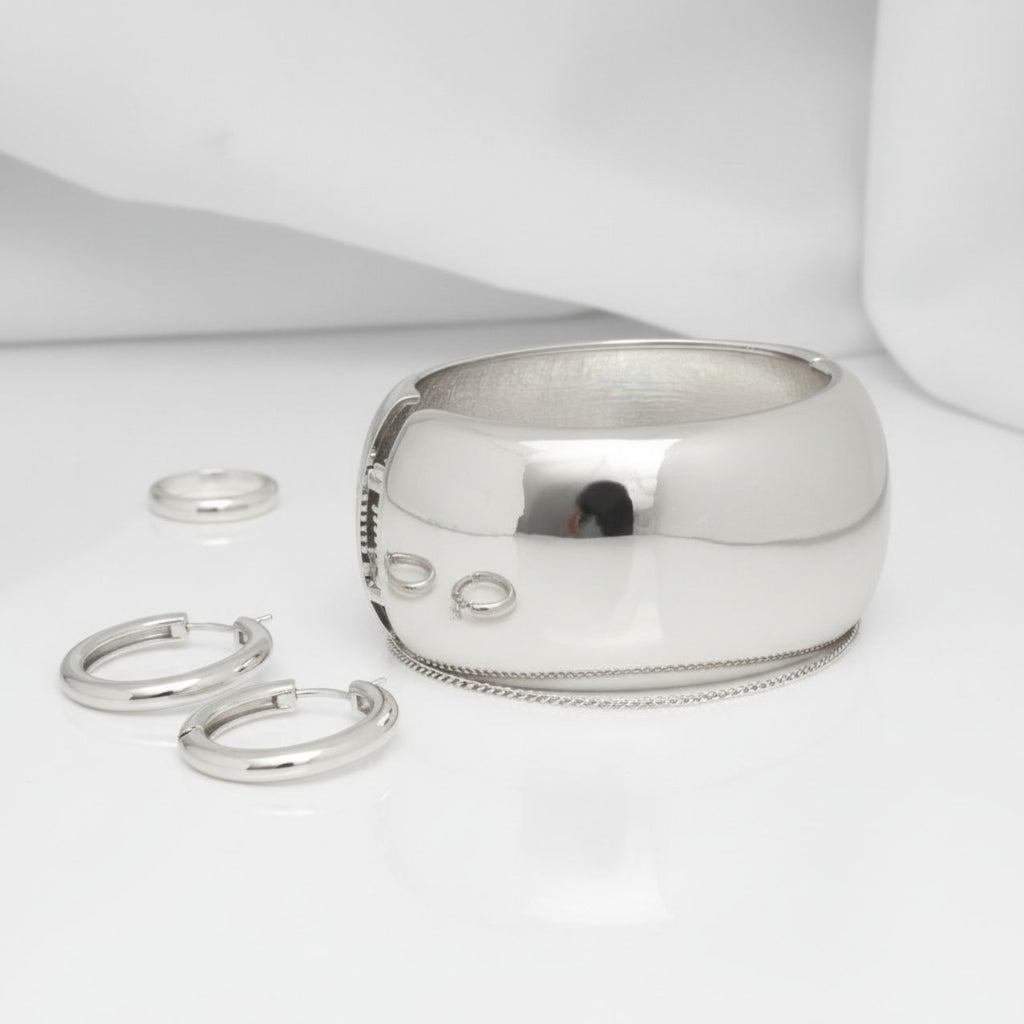 Bangle Polished Silver Oval Wide Sleek Bracelet