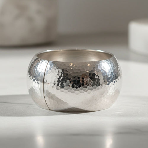 Bangle Hammered Silver Wide High Fashion Bracelet