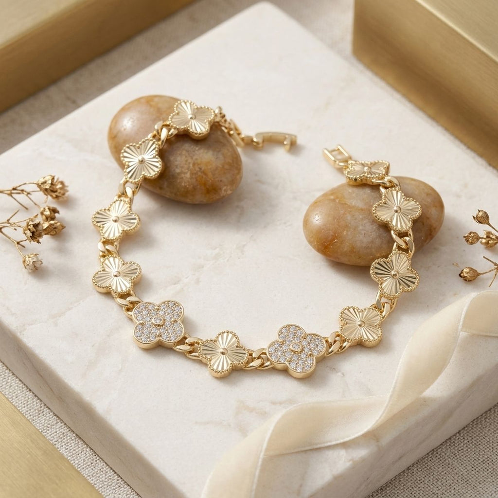 Chain Gold Quatrefoil Clover Link CZ Bracelet
