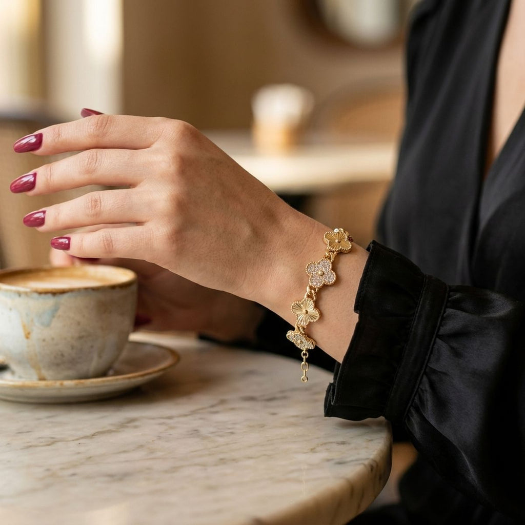 Chain Gold Quatrefoil Clover Link CZ Bracelet