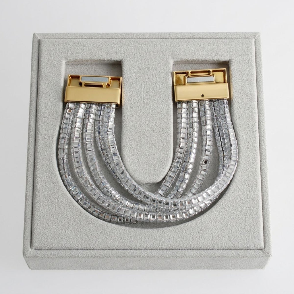 Gold 5 Strand Clear Stone Disco Ball Cuff Bracelet