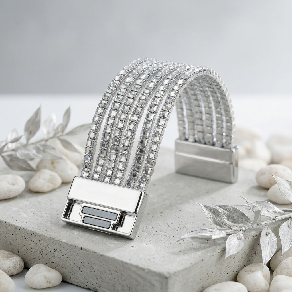 Silver 5 Strand Clear Stone Disco Ball Bracelet
