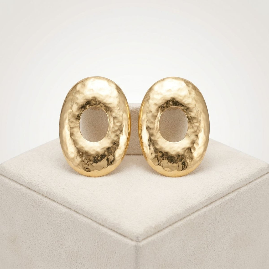 Stud Brushed Gold Hammered Domed Oval Earrings