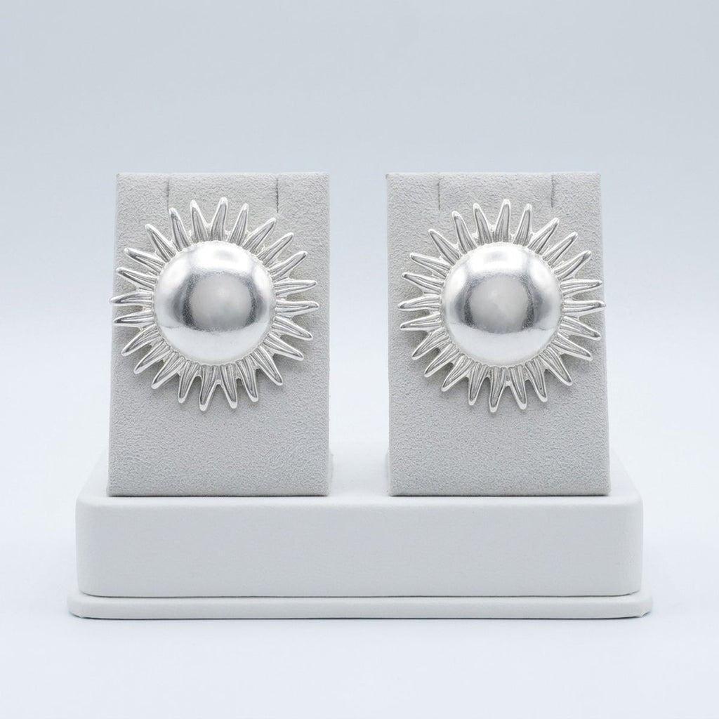 Stud Brushed Silver Domed Sun and Rays Earrings
