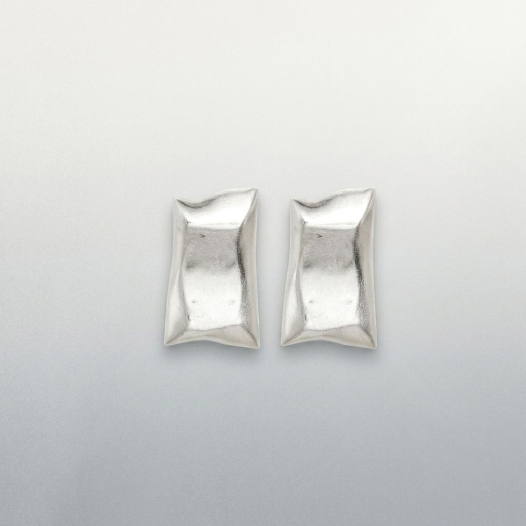 Stud Matte Silver Bent Rectangle Domed Earrings