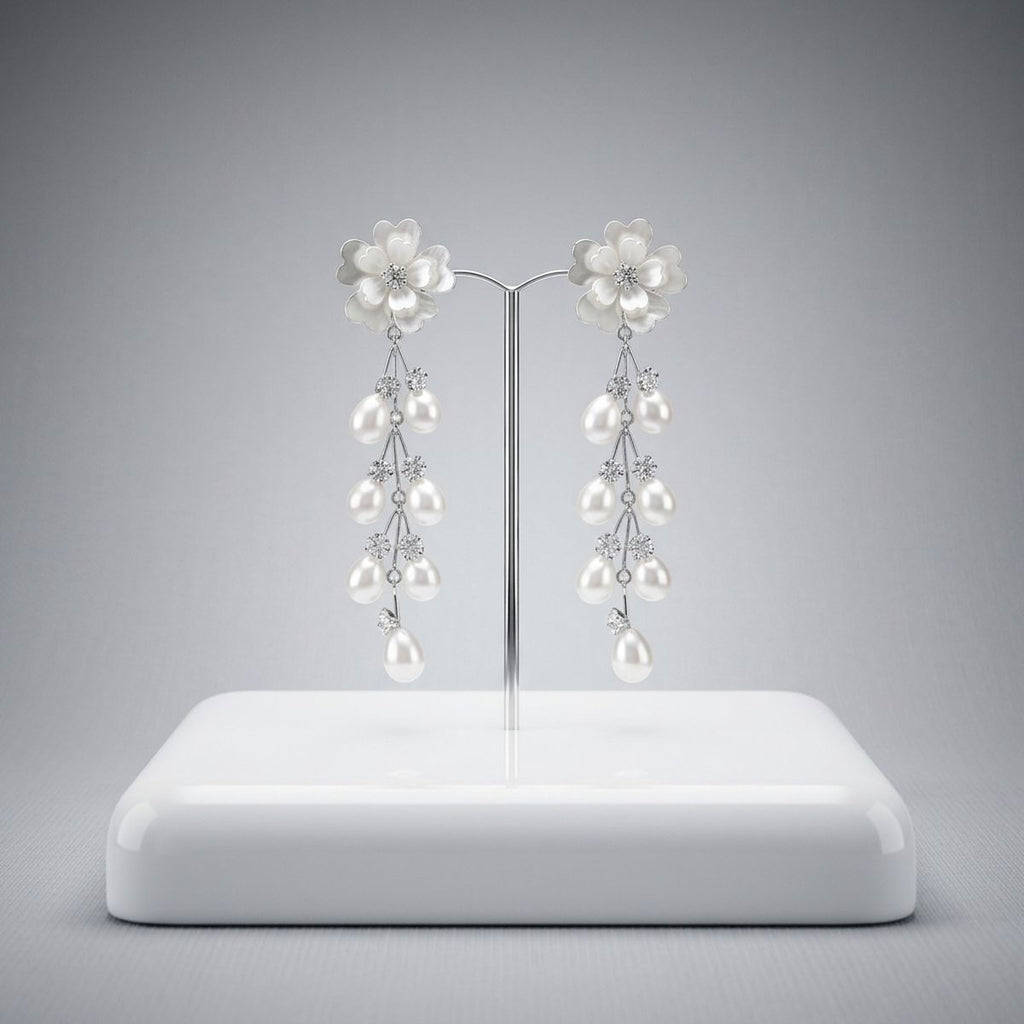 Dangle Silver Floral White Pearl Cascade Earrings